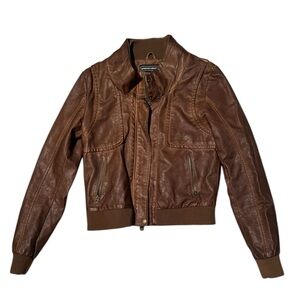Members Only X Urban Outfitters Women’s Brown Faux Leather Bomber Jacket, Medium